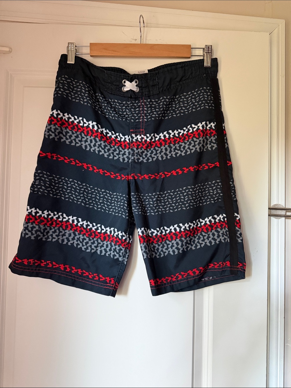 Cherokee Black Swim Board Shorts with Red & Gray Stripes